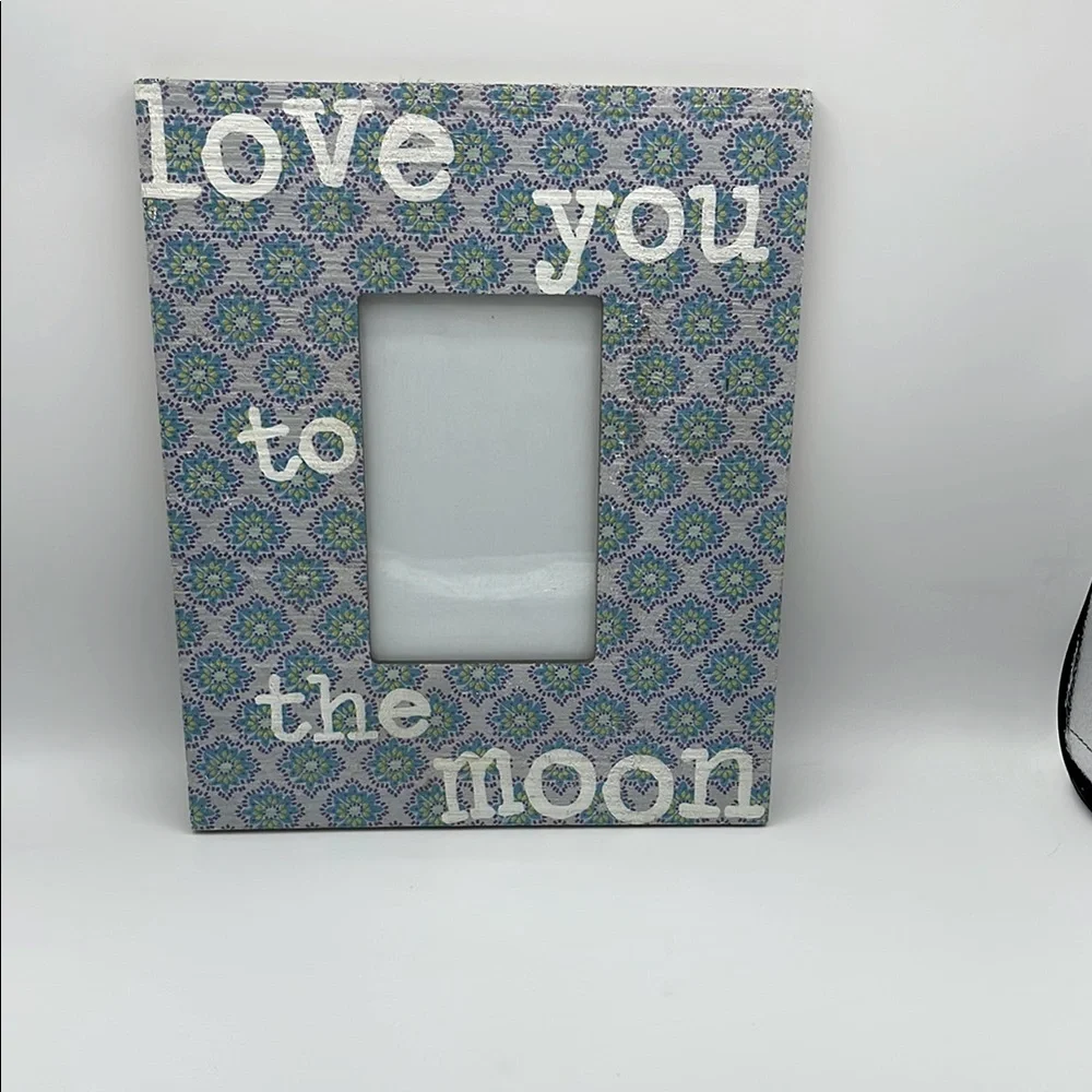 Blue and White Quatrefoil Wood Kid Picture Frame Accent Love You to the Moon